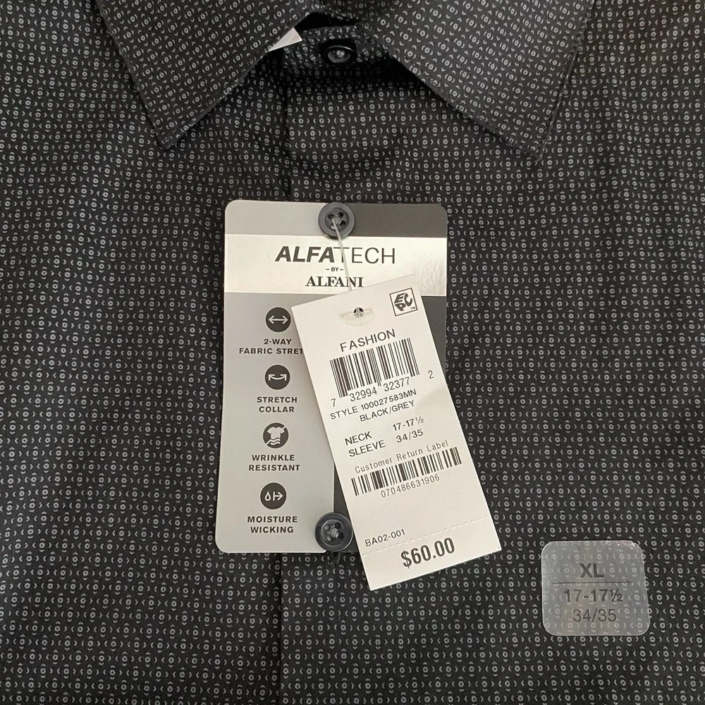 ALFANI Dress Shirt Mens 17-17.5/34-35 Black Geometric Regular Fit Stretch NWT!